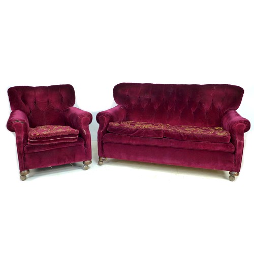 331 - An Edwardian button back three seater sofa, 161 by 107 by 86cm high, together with a matching wing a... 