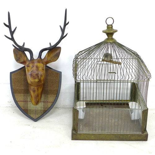 238 - A modern metal wall sculpture, modelled as a stag's head on tartan covered shield, 40 by 25 by 55cm ... 