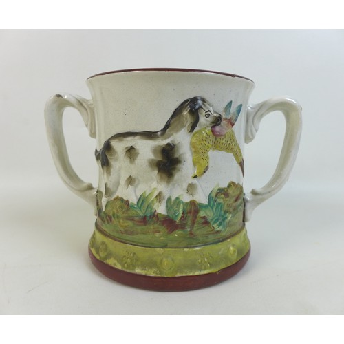 43 - An early 19th century Derby porcelain tankard, decorated with a reserve of trees by a flowing river ... 