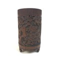 An early 20th century Chinese bamboo brush pot (bitong), of cylindrical form, carved with a landscap... 