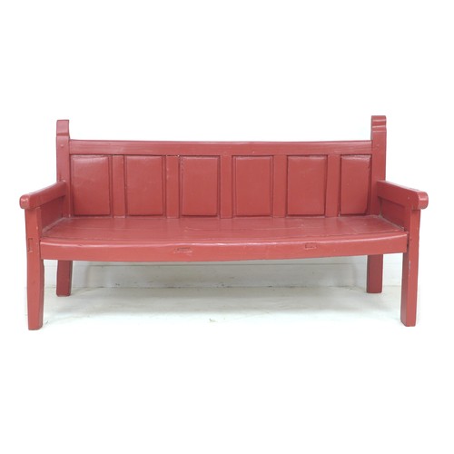 338 - A Chinese style red painted pine bench, late 19th / early 20th century, with low six panel back, sha... 