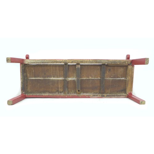 338 - A Chinese style red painted pine bench, late 19th / early 20th century, with low six panel back, sha... 