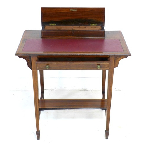 295 - An Edwardian rosewood and line inlaid lady's writing desk, later red leatherette surface, lift lid t... 