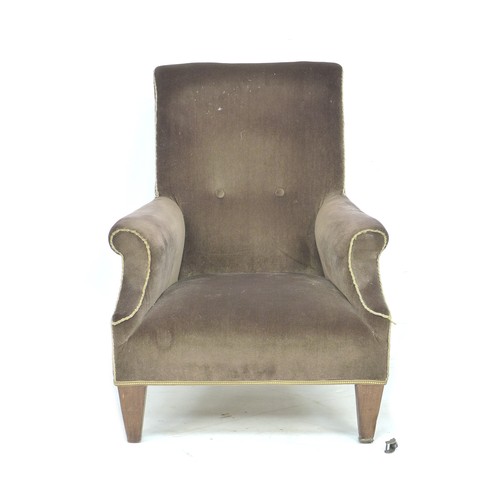 253 - An Edwardian armchair, brown velvet upholstery, raised on tapering square section legs, 73 by 69 by ... 