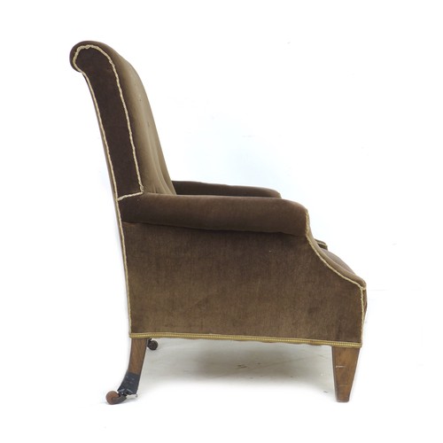 253 - An Edwardian armchair, brown velvet upholstery, raised on tapering square section legs, 73 by 69 by ... 