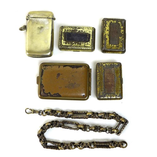 137 - A group of five Victorian and later vesta cases, together with a fob chain. (6)