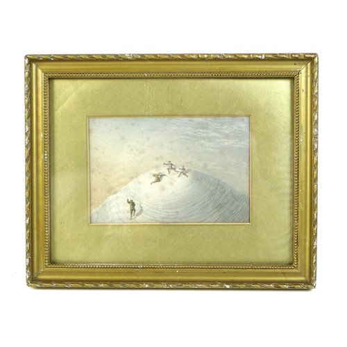 186 - An unusual 19th century chromolithograph, depicting a group of four mountaineers summiting a snow to... 