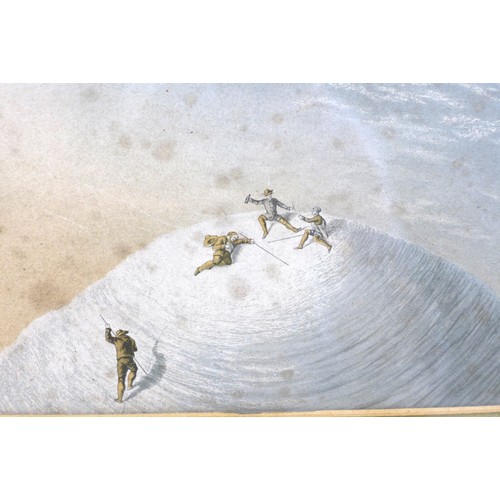 186 - An unusual 19th century chromolithograph, depicting a group of four mountaineers summiting a snow to... 