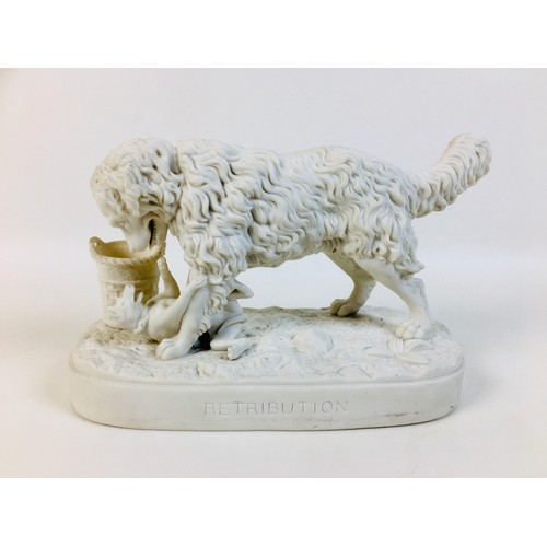 27 - A Victorian Parian ware animal figure group entitled 'Retribution', depicting a large dog standing o... 