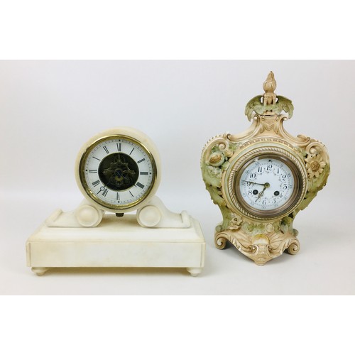 149 - A group of three mantel clocks, comprising a Victorian slate clock, 25 by 35cm, a Victorian white al... 