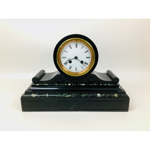 149 - A group of three mantel clocks, comprising a Victorian slate clock, 25 by 35cm, a Victorian white al... 