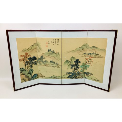 65 - A pair of vintage Taiwanese table screens, each with three folds and four panels set with silk panel... 