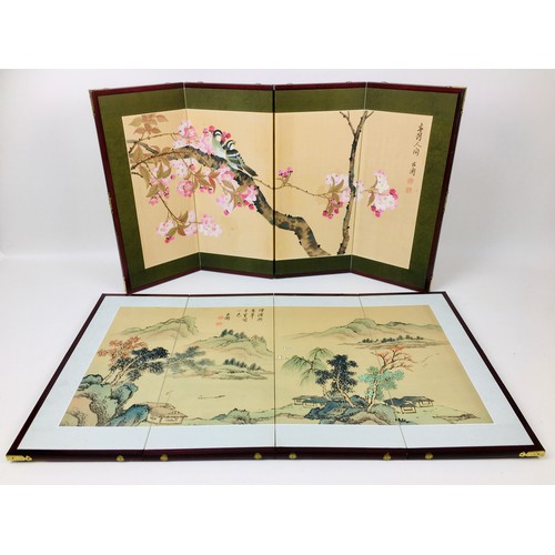 65 - A pair of vintage Taiwanese table screens, each with three folds and four panels set with silk panel... 