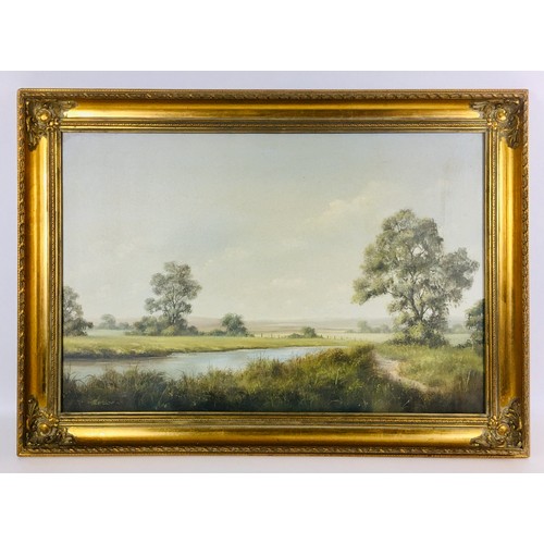 192 - Mercier (20th century): a country river view, signed lower left, oil on canvas, 49.5 by 74cm, in a m... 