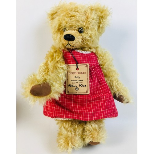 166 - A group of three soft toy teddies, comprising a limited edition Robin Rive Betty teddy in a red cheq... 