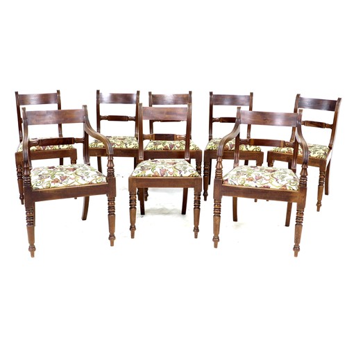 335 - A set of eight Regency style mahogany dining chairs, early 20th century, with line carved decoration... 