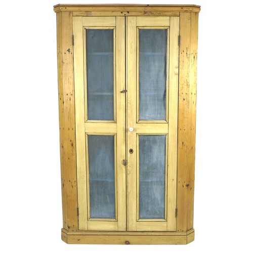 222 - A large early 20th century pine corner cupboard, with double mesh panelled doors, blue interior with... 