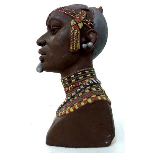 98 - A modern African bust, modelled as an African woman, incised signature 'LB', a/f head previously det... 