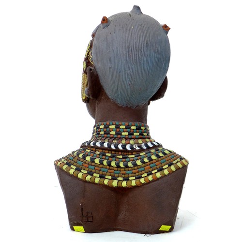 98 - A modern African bust, modelled as an African woman, incised signature 'LB', a/f head previously det... 