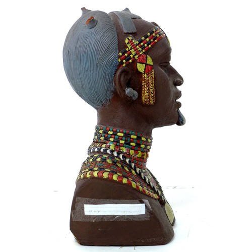 98 - A modern African bust, modelled as an African woman, incised signature 'LB', a/f head previously det... 