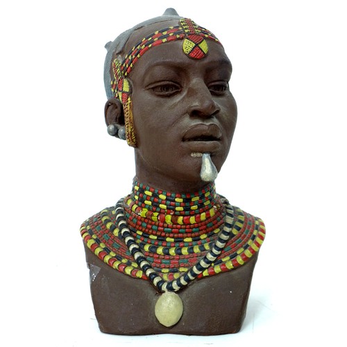 98 - A modern African bust, modelled as an African woman, incised signature 'LB', a/f head previously det... 