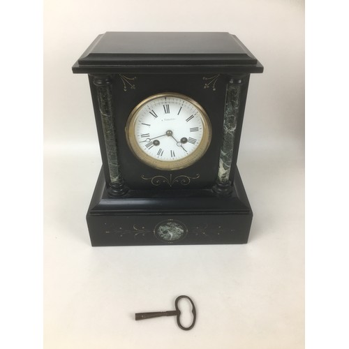 153 - A Victorian slate mantle clock, R. Russell with Roman numeral dial, eight day movement, 24 by 15 by ... 