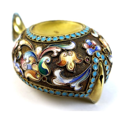 144 - A Russian enamel and silver gilt Kovsh, late 19th century, of typical form decorated with polychrome... 