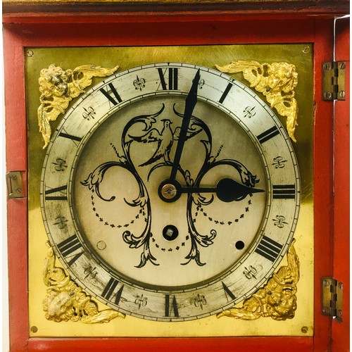 313 - An early 20th century bracket clock, with red lacquered Chinoiserie case and pierced grill back, bac... 