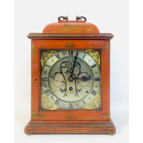 313 - An early 20th century bracket clock, with red lacquered Chinoiserie case and pierced grill back, bac... 