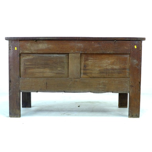 308 - A 19th century oak coffer, with two plain front panels and rustic loop hinges, 113 by 49 by 66cm hig... 