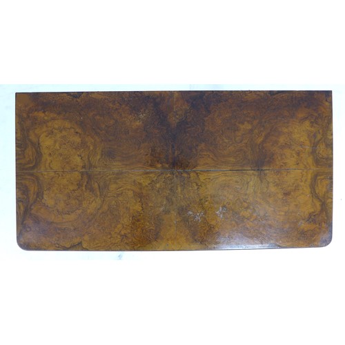 303 - A 19th century burr walnut veneered card table, fold over surface with green baize, raised on four s... 