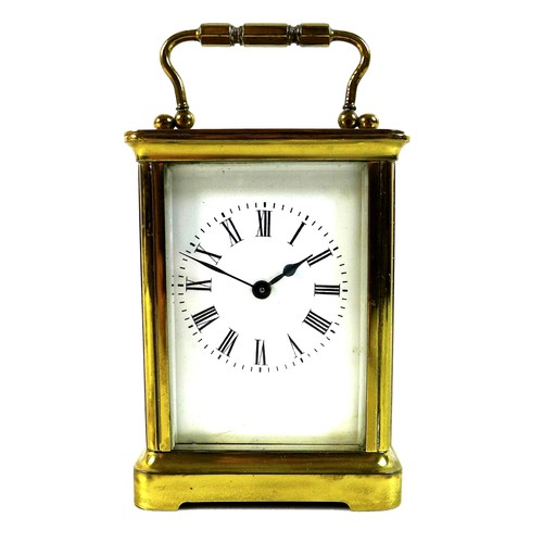 152 - A French brass carriage clock, late 19th century, with five glass case, white dial with black Roman ... 