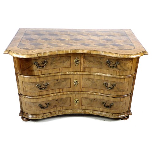 348 - A good Continental serpentine fronted commode, 19th century, possibly Swiss or Austrian, walnut vene... 