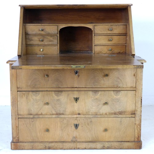 315 - A Scandinavian 19th century walnut bureau, of block form with fall front enclosing a fitted interior... 