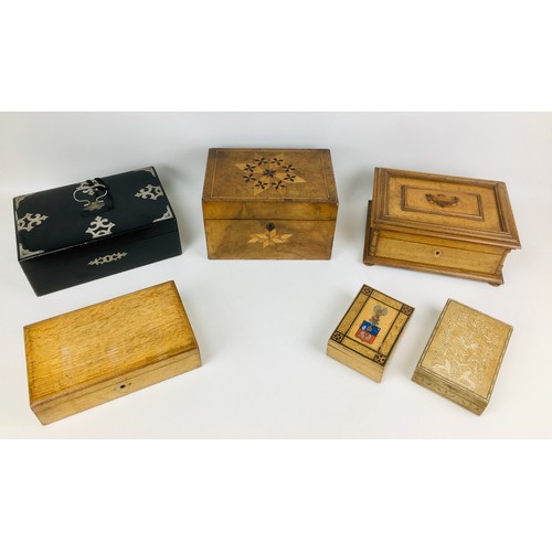 116 - Six 19th century and later wooden boxes, comprising a Tunbrdge ware jewellery box with single remova... 