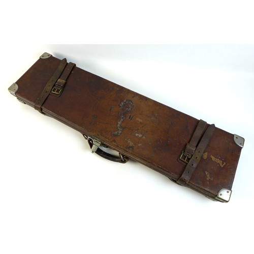 134 - A Linsley Brothers chromed brass bound brown leather shotgun case, early 20th century, the lid embos... 