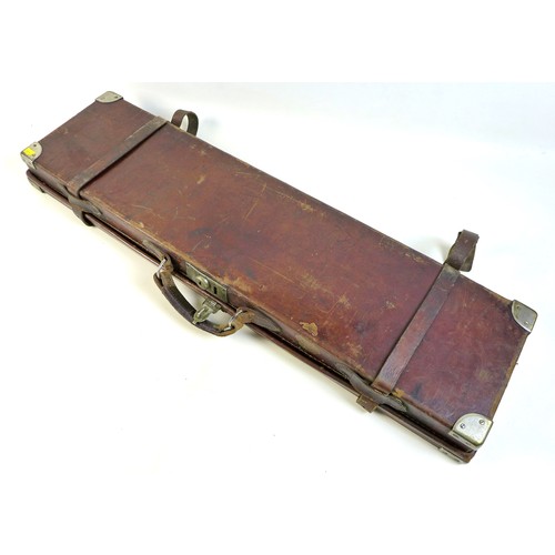 134 - A Linsley Brothers chromed brass bound brown leather shotgun case, early 20th century, the lid embos... 