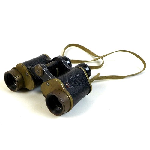 127 - A pair of WWII military binoculars, brass and black leather covered, engraved markings ‘Taylor-Hobso... 