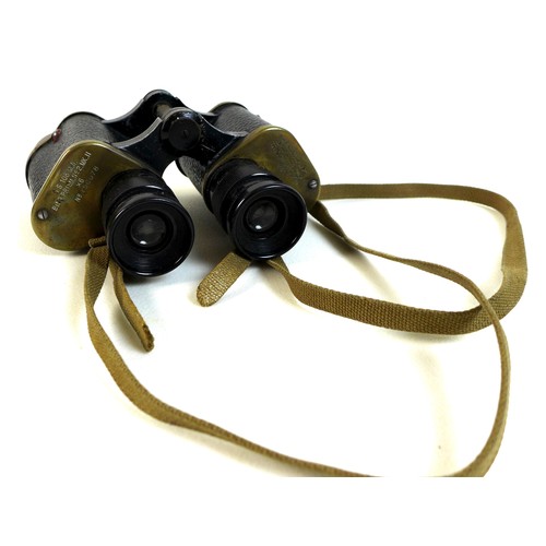 127 - A pair of WWII military binoculars, brass and black leather covered, engraved markings ‘Taylor-Hobso... 