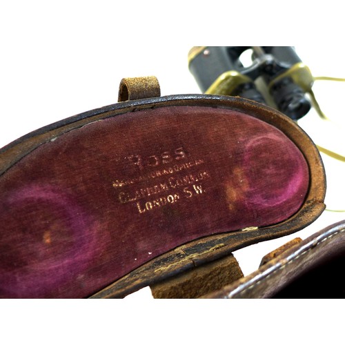 127 - A pair of WWII military binoculars, brass and black leather covered, engraved markings ‘Taylor-Hobso... 