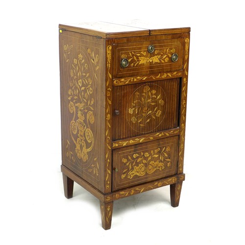 311 - A 19th century Dutch marquetry mahogany wash stand, with double fold out top, tambour slide cupboard... 