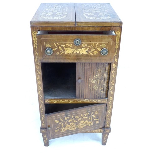 311 - A 19th century Dutch marquetry mahogany wash stand, with double fold out top, tambour slide cupboard... 