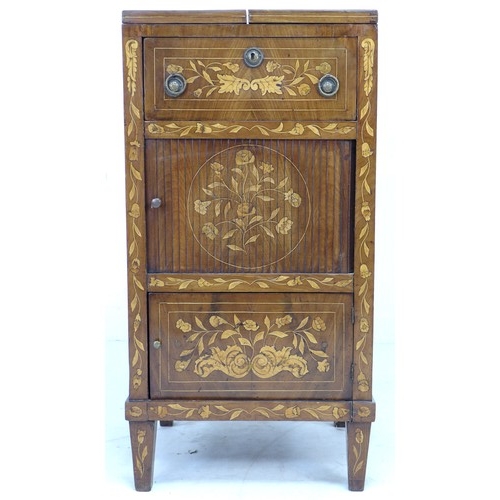 311 - A 19th century Dutch marquetry mahogany wash stand, with double fold out top, tambour slide cupboard... 