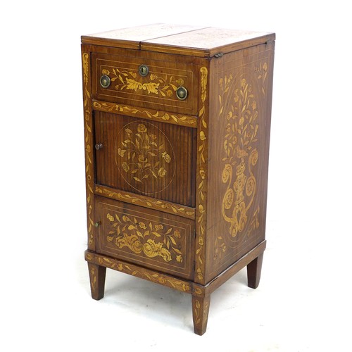 311 - A 19th century Dutch marquetry mahogany wash stand, with double fold out top, tambour slide cupboard... 