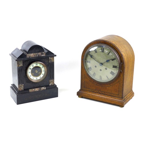 150 - Two mantel clocks, comprising a Gustav Becker musical chiming oak veneered domed case mantel clock, ... 