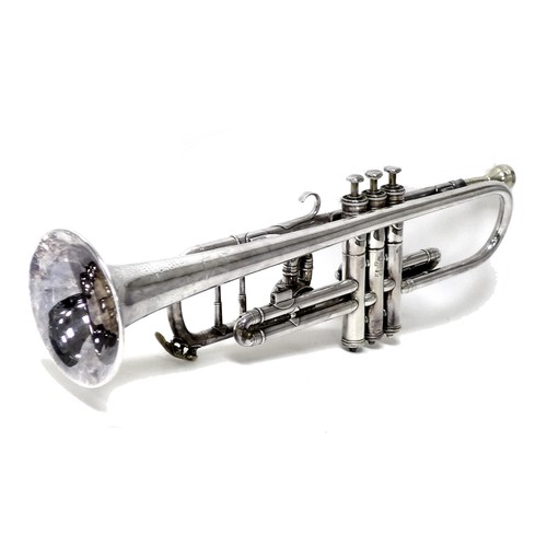 122 - A vintage Boosey and Co Ltd silver plated trumpet, Patent number 193729, trumpet with engraved flora... 