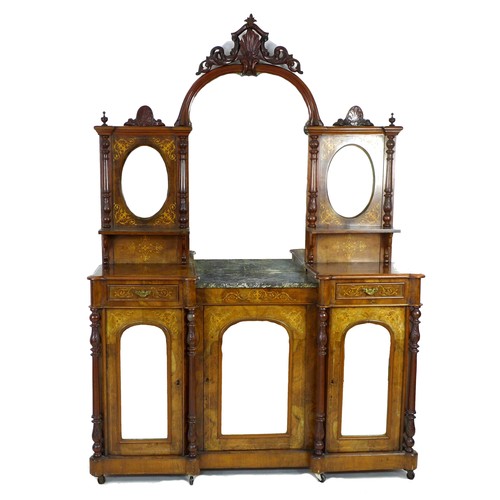 336 - A late Victorian walnut veneered and marquetry sideboard, or narrow form, with arched mirror back an... 