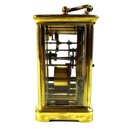 113 - A French brass carriage clock, late 19th century, with five glass case, white dial with black Roman ... 