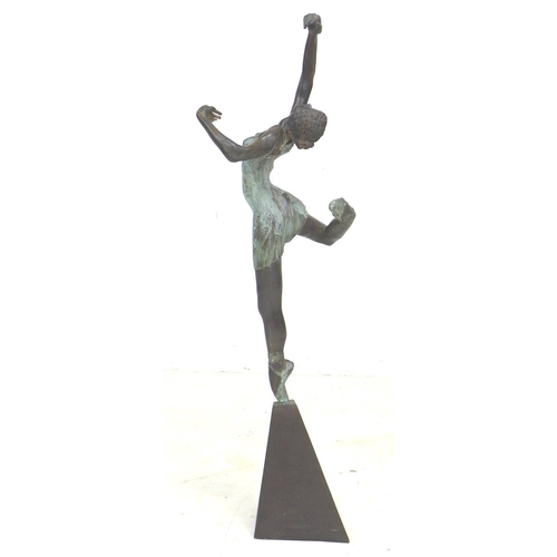 118 - A modern bronzed metal sculpture, modelled as a ballet dancer in balanced pose, unsigned, on pyramid... 
