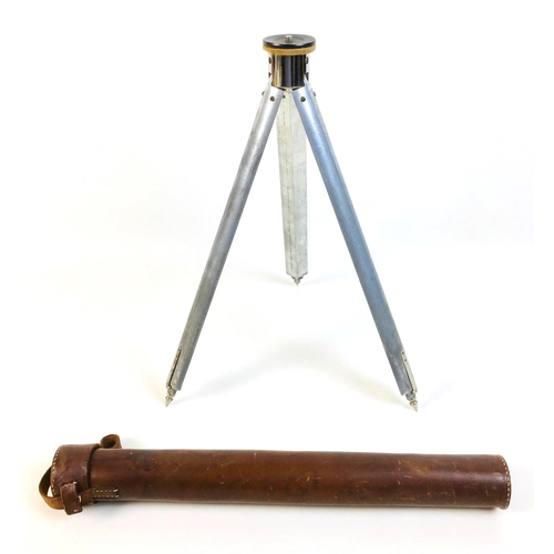 122 - An early to mid 20th century French telescopic tripod, each of the three legs with five slides, stam... 